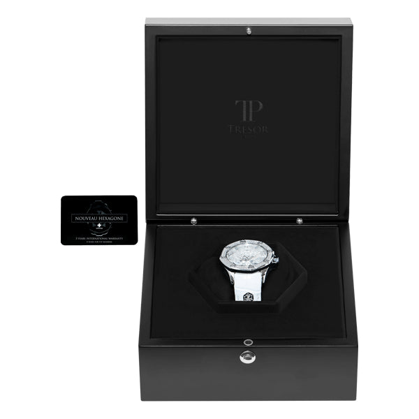 PRECISION, WHITE LEATHER, WHITE DIAL & CRYSTAL BEZEL WITH A SINGLE DIAMOND
