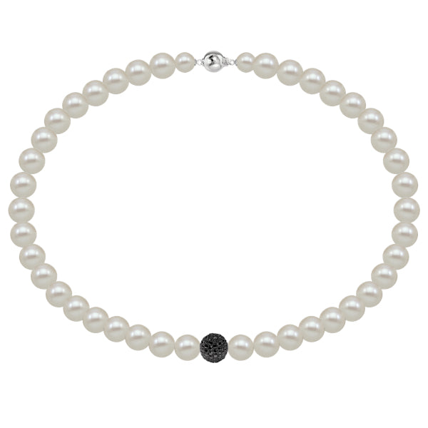White fresh water pearl necklace with 18k white gold pave set black diamond ball