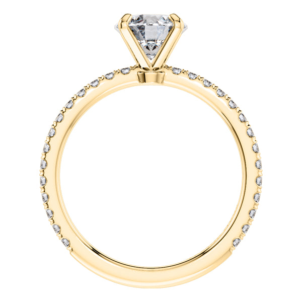 Elegant 4 Claw 18ct yellow Gold Round Brilliant Engagement Ring with Diamond Sides .