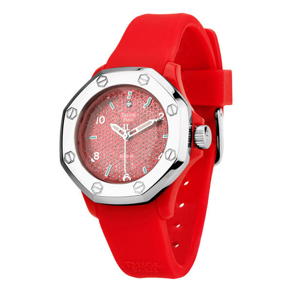 Diamond,Red Silicone & Stainless Steel 36mm Watch