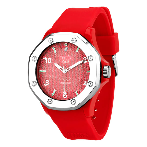 Diamond,Red Silicone & Stainless Steel 44mm Watch