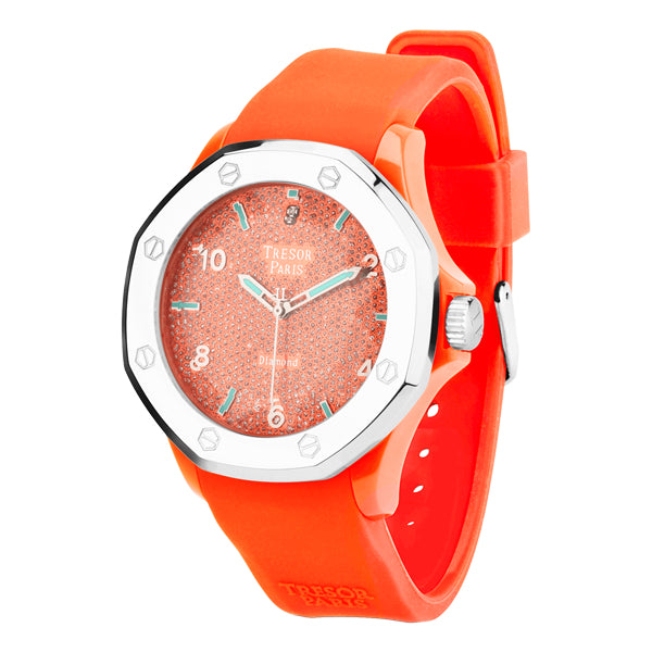 Diamond, Orange Silicone & Stainless Steel 44mm Watch