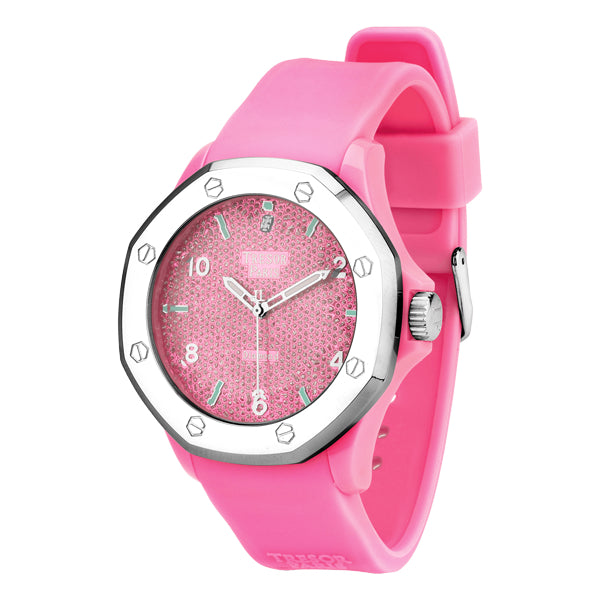 Diamond, Pink Silicone & Stainless Steel 44MM Watch