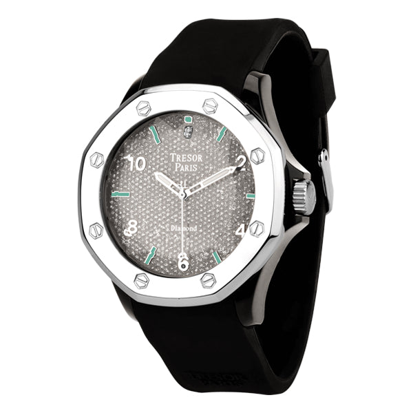 Diamond, Black Silicone & Stainless Steel 44mm Watch