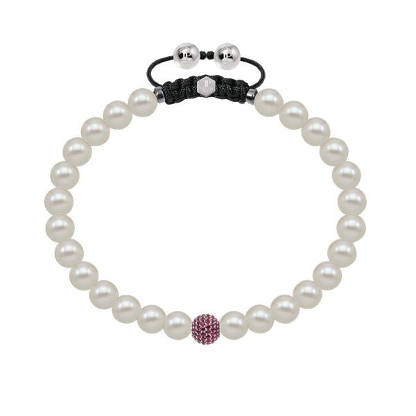 White fresh water pearl bracelet with pave set ruby ball