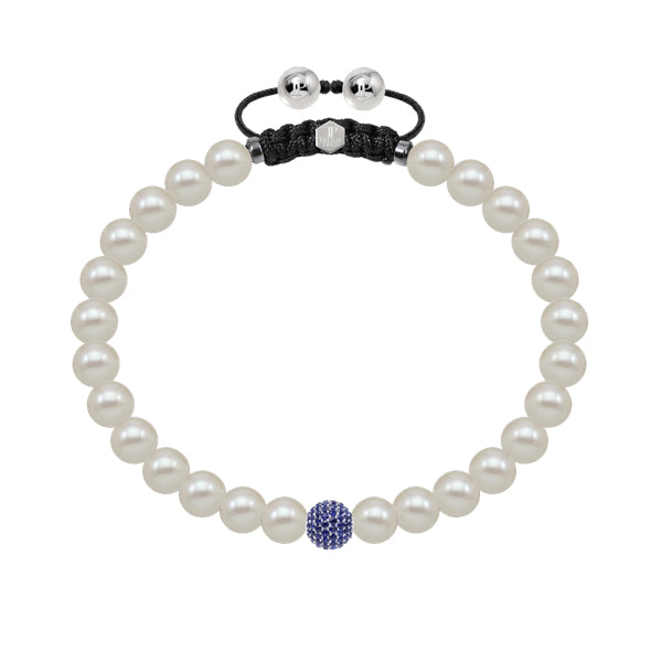 White fresh water pearl bracelet with pave set blue sapphire ball.