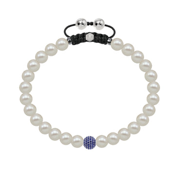 White fresh water pearl bracelet with pave set blue sapphire ball.