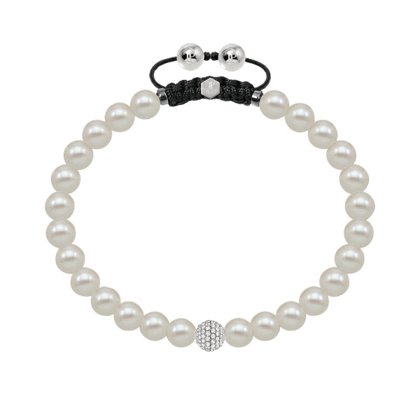 White fresh water pearl bracelet with pave set G-VS diamond and 18k white gold ball