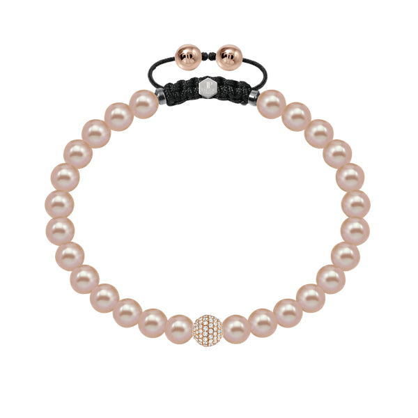 Pink fresh water pearl bracelet with pave set G-VS diamond and rose gold ball