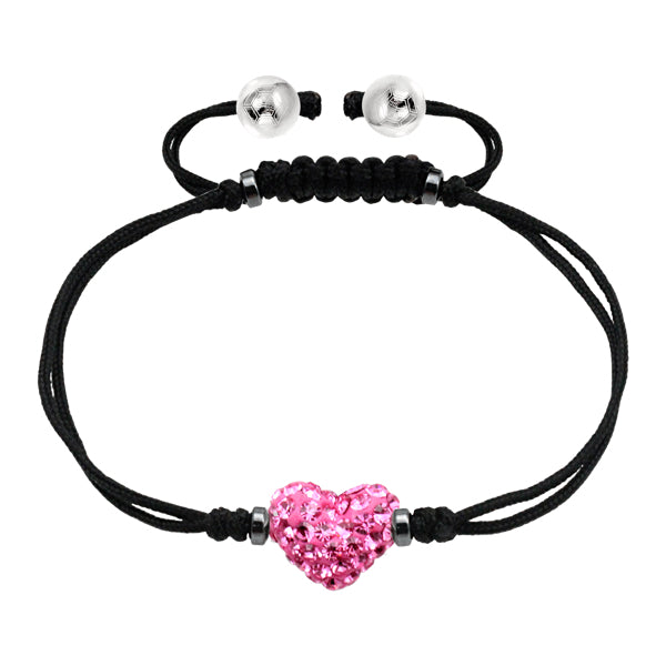 BonBon Pink Crystal Heart Stainless Steel Bracelet with Black Cord