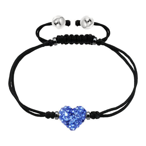 BonBon Blue Crystal Heart Stainless Steel Bracelet with Black Cord