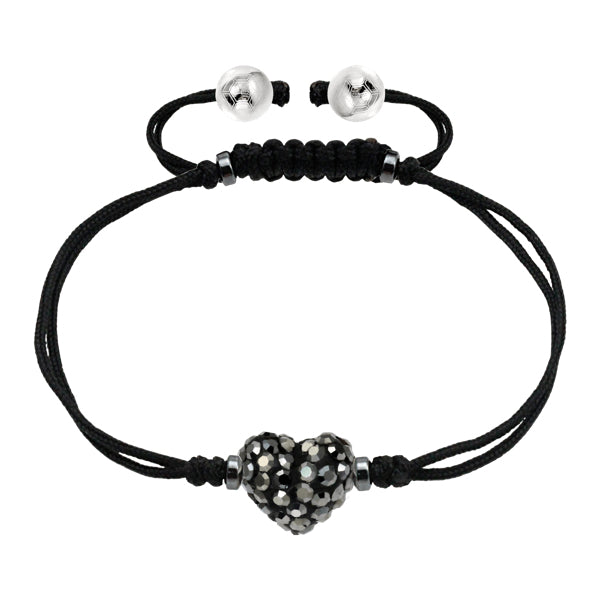 BonBon Grey Crystal Heart Stainless Steel Bracelet with Black Cord