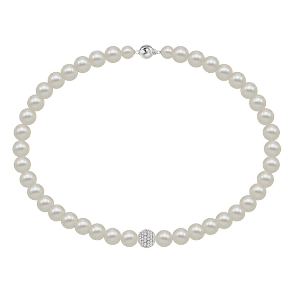 White fresh water pearl necklace with pave set G-VS diamond and 18k white gold ball