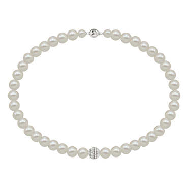 White fresh water pearl necklace with pave set G-VS diamond and 18k white gold ball
