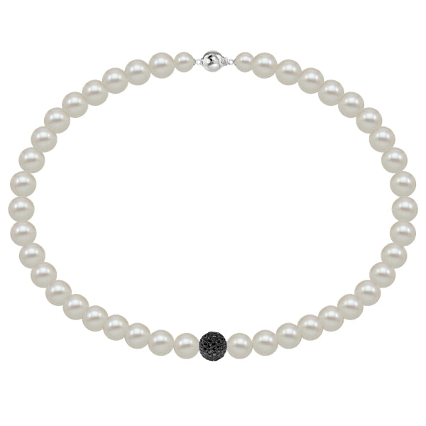 White fresh water pearl necklace with 18k white gold pave set black diamond ball