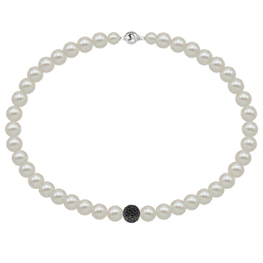 White fresh water pearl necklace with 18k white gold pave set black diamond ball