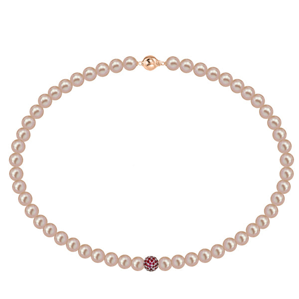 Pink fresh water pearl necklace with pave set ruby ball