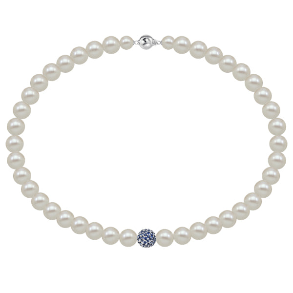 White fresh water pearl necklace with pave set blue sapphire ball