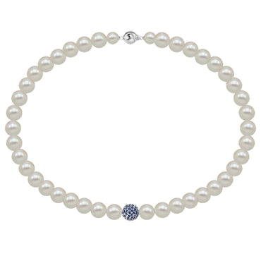 White fresh water pearl necklace with pave set blue sapphire ball