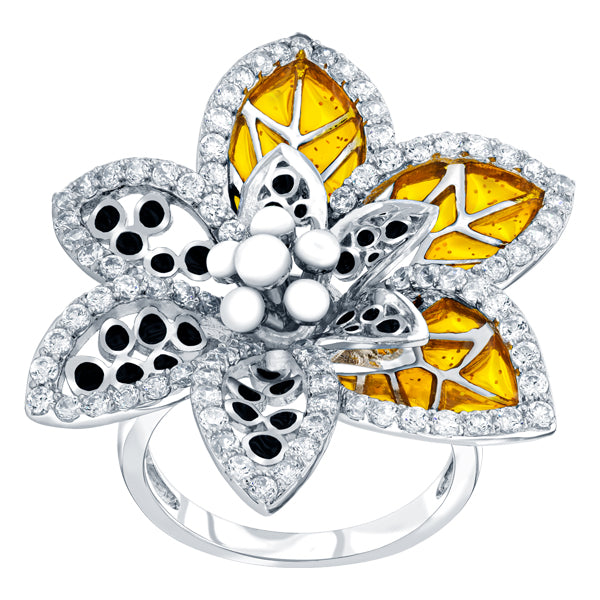 BONBON STERLING SILVER, YELLOW & WHITE CRYSTAL FLOWER RING