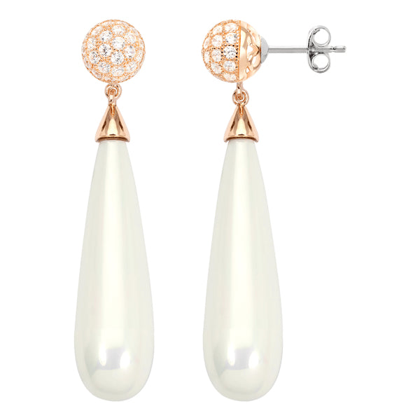 ROYALE STERLING SILVER, SHELL PEARL & WHITE CRYSTAL EARRINGS