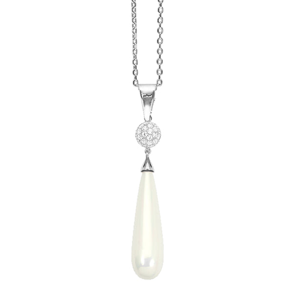 ROYALE STERLING SILVER, SHELL PEARL & WHITE CRYSTAL PENDANT with CHAIN