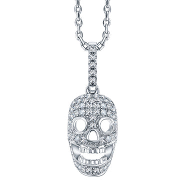 VEGA WHITE GOLD PLATED STERLING SILVER & WHITE CRYSTAL SKULL PENDANT with CHAIN