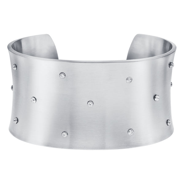 VEGA BRUSHED WHITE GOLD PLATED STAINLESS STEEL & WHITE CRYSTAL CUFF