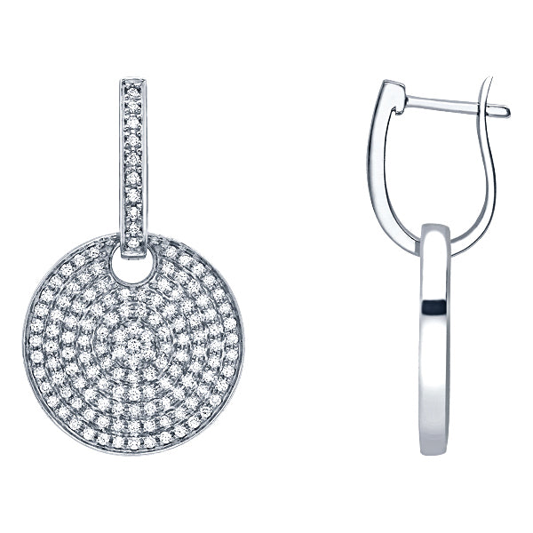 Pave set disc drop earrings with H-SI round brilliant diamonds in 18k white gold