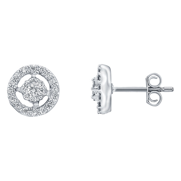 Mini cluster diamond stud earrings with circular halo in 18k white gold