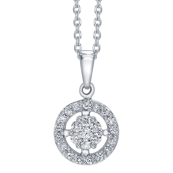 Mini cluster diamond pendant with circular halo in 18k white gold