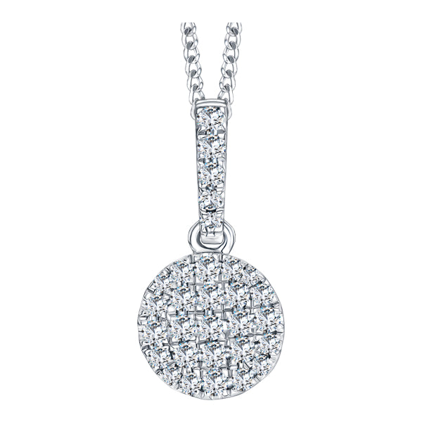 Button shape pendant pave set with round brilliant H-SI diamonds in 18k white gold