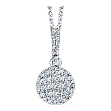 Button shape pendant pave set with round brilliant H-SI diamonds in 18k white gold