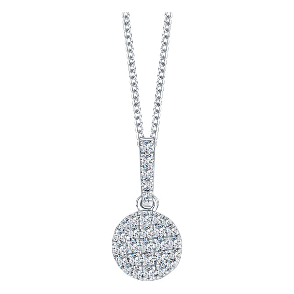 Button shape pendant pave set with round brilliant H-SI diamonds in 18k white gold