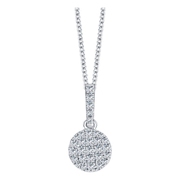 Button shape pendant pave set with round brilliant H-SI diamonds in 18k white gold