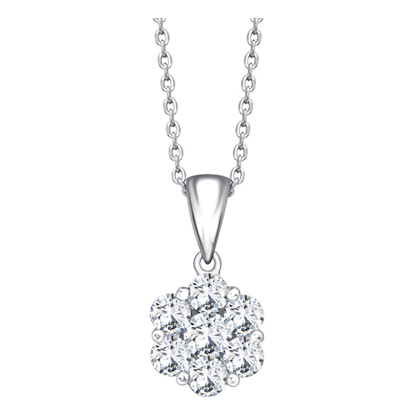 Cluster set H-SI round brilliant diamond pendant set in white gold with chain.