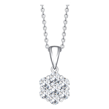 Cluster set H-SI round brilliant diamond pendant set in white gold with chain.