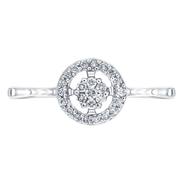 Mini cluster diamond ring with circular halo in 18k white gold