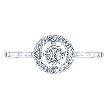 Mini cluster diamond ring with circular halo in 18k white gold