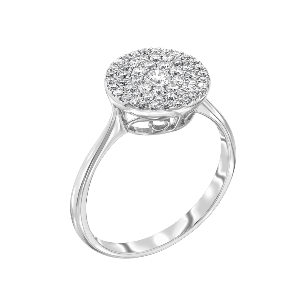 18k white gold button shape ring pave set with round brilliant diamonds