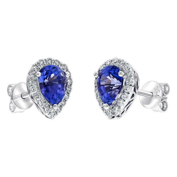 Pear shape Tanzanite earrings with pave set 0.35ct H-SI round brilliant diamond halo