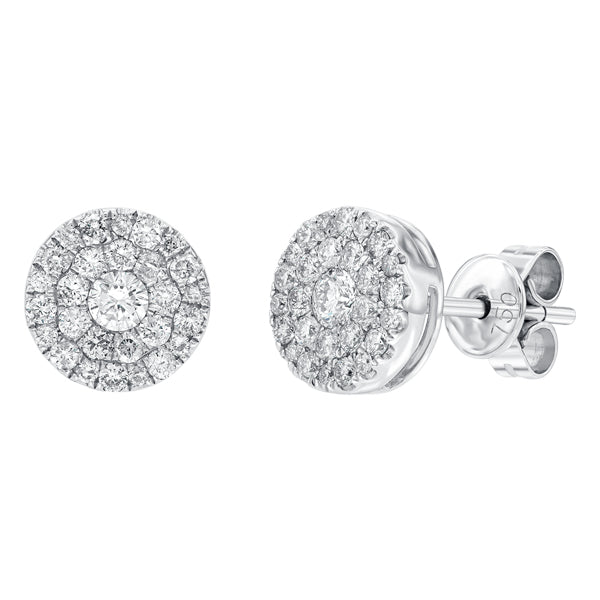 18k white gold button shape stud earrings pave set with round brilliant diamonds