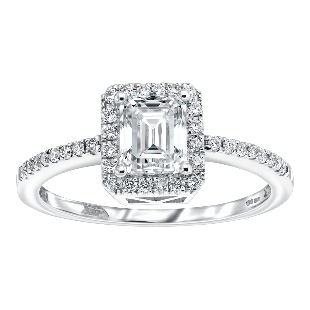 0.90ct GIA Emerald cut G-VVS1 diamond ring with 0.25ct G-VS halo in 18k white gold