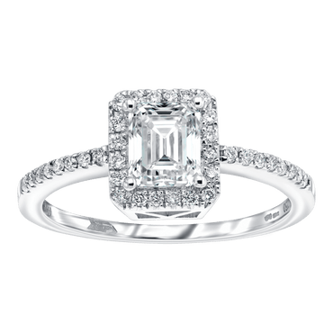 0.90ct GIA Emerald cut G-VVS1 diamond ring with 0.25ct G-VS halo in 18k white gold