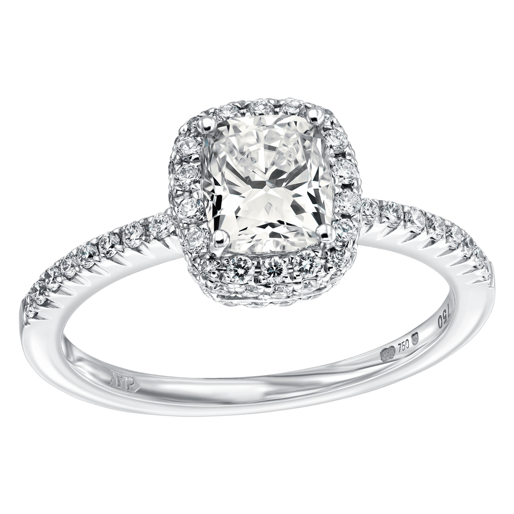 1.52ct total GIA diamond halo ring with K-SI cushion cut center stone in 18k white gold