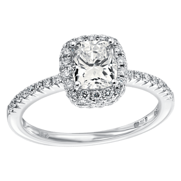 1.52ct total GIA diamond halo ring with K-SI cushion cut center stone in 18k white gold
