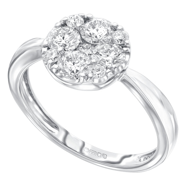 1.00ct H-SI round brilliant diamond claw set cluster ring in 18k white gold