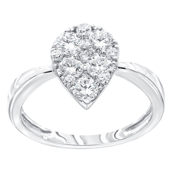 Pear shape ring set with 1.00ct round brilliant cut H-SI diamonds in 18k white gold