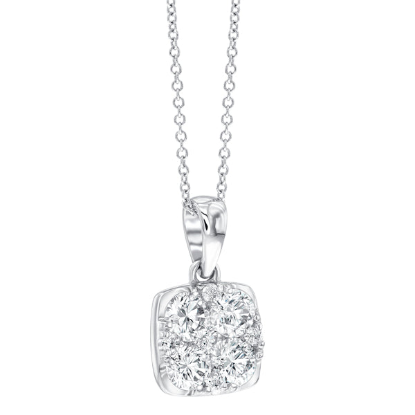 Cushion shape pendant set with 1.00ct round brilliant cut H-SI diamonds in 18k white gold