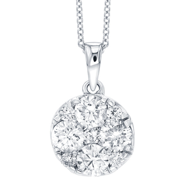 1.00ct H-SI round brilliant diamond claw set cluster pendant in 18k white gold